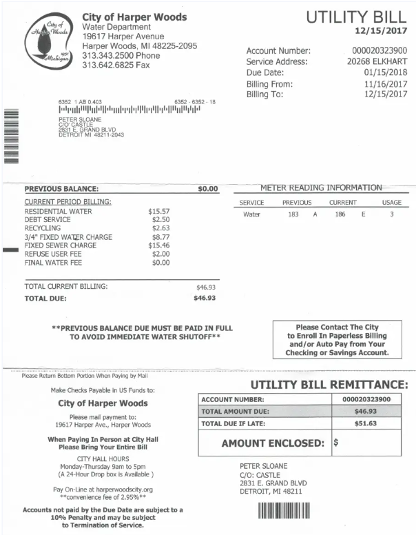 USA CITY OF HARPER WOODS utility bill Word and PDF template